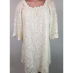 Umgee Ivory Lace Scoop Neck 3/4 Sleeve Pullover Tunic Dress Size L Cottagecore